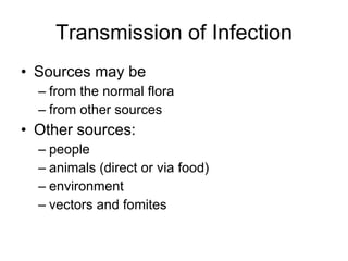 Transmission of Infection Sources may be   from the normal flora from other sources Other sources: people animals (direct or via food) environment vectors and fomites 