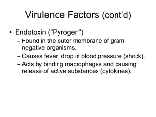 Virulence Factors  (cont’d) Endotoxin ("Pyrogen") Found in the outer membrane of gram negative organisms. Causes fever, drop in blood pressure (shock). Acts by binding macrophages and causing release of active substances (cytokines). 