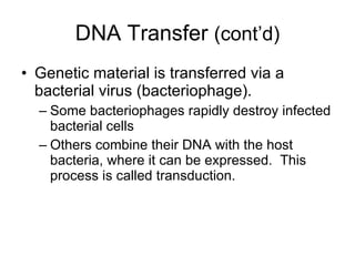 DNA Transfer  (cont’d) Genetic material is transferred via a bacterial virus (bacteriophage). Some bacteriophages rapidly destroy infected bacterial cells Others combine their DNA with the host bacteria, where it can be expressed.  This process is called transduction. 