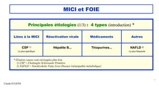 Claude EUGÈNE
MICI et FOIE
11
Principales étiologies (1/3) : 4 types (introduction) *
Liées à la MICI Réactivation virale Médicaments Autres
CSP 1)
La plus spécifique
Hépatite B... Thiopurines... NAFLD 2)
La plus fréquente
* D'autres causes sont envisagées plus loin
1) CSP = Cholangite Sclérosante Primitive
2) NAFLD = NonAlcoholic Fatty Liver Disease (stéatopathie métabolique)
 