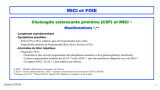 Cholangite sclérosante primitive (CSP) et MICI 1)
Manifestations *,**
- Longtemps asymptomatique
- Symptômes possibles :
. Prurit (22% à 38%), asthénie, gêne de l'hypochondre droit, ictère.
. Angiocholite (douleurs de l'hypochondre droit, fièvre, frissons) (15%)
- Anomalies du bilan hépatique
. Fréquentes (75%).
. Cholestase le plus souvent (augmentation des phosphatases alcalines et de la gamma glutamyl transferase)
. Cytolyse (augmentation modérée des ALAT 2) et des ASAT 2) , sans chevauchement obligatoire avec une HAI 3)
. Un rapport ASAT / ALAT > 1 peut traduire une cirrhose.
1) MICI = Maladies inflammatoires chroniques de l'intestin.
2) ALAT = alanine aminotransferase, ASAT = aspartate aminotransferase (transaminases SGPT et SGOT)
* Chapman Gut 2019, ** Mazza World J Hepatol 2021 (Références complètes en fin de topo)
Claude EUGÈNE
MICI et FOIE
19
 