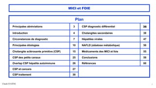 Claude EUGÈNE
MICI et FOIE
2
Plan
Principales abréviations 3 CSP diagnostic différentiel 36
Introduction 4 Cholangites secondaires 38
Circonstances de diagnostic 7 Hépatites virales 47
Principales étiologies 10 NAFLD (stéatose métabolique) 50
Cholangite sclérosante primitive (CSP) 15 Médicaments des MICI et foie 55
CSP des petits canaux 25 Conclusions 59
Overlap CSP hépatite autoimmune 26 Références 60
CSP et cancers 27
CSP traitement 30
 