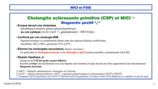 Claude EUGÈNE
MICI et FOIE
Cholangite sclérosante primitive (CSP) et MICI 1)
Diagnostic positif *,**
- Évoqué devant une cholestase
(phosphatases alcalines, gamma glutamyltransferase)
ou une cytolyse (ALAT, ASAT 2), généralement < 300 UI/mL)
- Confirmé par une cholangio-IRM
Segment normaux ou modérément dilatés entre des sténoses biliaires multifocales.
Sensibilité: 88% à 90%; spécificité: 91% à 97%
- Éliminer les cholangites secondaires (diapos suivantes)
En particulier le cholangiocarcinome et la cholangite à IgG4 (cortico-sensible, contrairement à la CSP).
- Biopsie hépatique, si
. Suspicion de CSP des petits canaux biliaires
. Possible overlap (chevauchement) avec une hépatite auto-immune (évoqué devant une forte augmentation des transaminases)
. Diagnostic incertain
1) MICI = Maladies inflammatoires chroniques de l'intestin.
2) ALAT = alanine aminotransferase, ASAT = aspartate aminotransferase (transaminases SGPT et SGOT)
* Chapman (ECCO guideline) Gut 2019, ** Harbord (ECCO guideline) J Crohns Colitis 2016 (Références complètes en fin de topo)
20
 