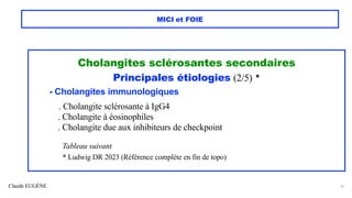 Claude EUGÈNE
MICI et FOIE
Cholangites sclérosantes secondaires
Principales étiologies (2/5) *
- Cholangites immunologiques
. Cholangite sclérosante à IgG4
. Cholangite à éosinophiles
. Cholangite due aux inhibiteurs de checkpoint
Tableau suivant
* Ludwig DR 2023 (Référence complète en fin de topo)
41
 