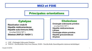 Claude EUGÈNE
MICI et FOIE
Cytolyse
Réactivation virale B
Hépatite médicamenteuse
Hépatite auto-immune (HAI)
(overlap HAI-CSP 1)
Stéatose (NAFLD / NASH 2)
9
Cholestase
Cholangite sclérosante primitive
(overlap HAI-CSP 1)
Hépatite médicamenteuse
Lithiase
Cholangite biliaire primitive
Hépatite granulomateuse
Amylose
1) CSP = Cholangite Sclérosante Primitive
2) NAFLD = NonAlcoholic Fatty Liver Disease, NASH = NonAlcoholic SteatoHepatitis (stéatose métabolique)
Principales orientations
 