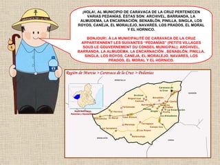 ¡HOLA!, AL MUNICIPIO DE CARAVACA DE LA CRUZ PERTENECEN
VARIAS PEDANÍAS. ÉSTAS SON: ARCHIVEL, BARRANDA, LA
ALMUDEMA, LA ENCARNACIÓN, BENABLÓN, PINILLA, SINGLA, LOS
ROYOS, CANEJA, EL MORALEJO, NAVARES, LOS PRADOS, EL MORAL
Y EL HORNICO.
BONJOUR!, À LA MUNICIPALITÉ DE CARAVACA DE LA CRUZ
APPARTIENNENT LES SUIVANTES “PEDANÍAS” (PETITS VILLAGES
SOUS LE GOUVERNEMENT DU CONSEIL MUNICIPAL): ARCHIVEL,
BARRANDA, LA ALMUDEMA, LA ENCARNACIÓN , BENABLÓN, PINILLA,
SINGLA, LOS ROYOS, CANEJA, EL MORALEJO, NAVARES, LOS
PRADOS, EL MORAL Y EL HORNICO.

 