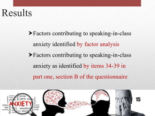 Results
Factors contributing to speaking-in-class
anxiety identified by factor analysis
Factors contributing to speaking-in-class
anxiety as identified by items 34-39 in
part one, section B of the questionnaire
15
 