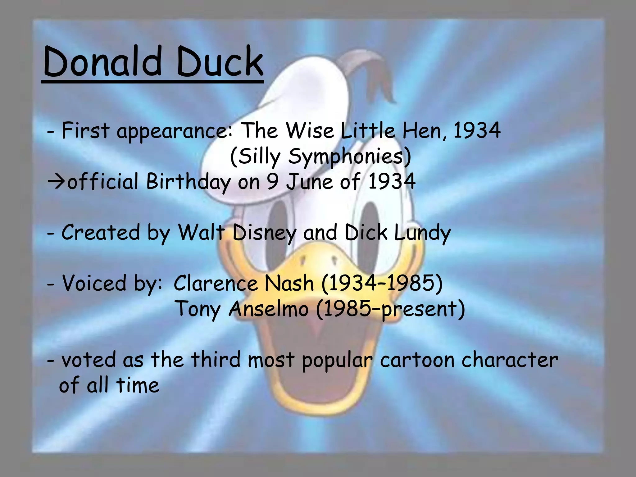 Donald Duck
- First appearance: The Wise Little Hen, 1934
                  (Silly Symphonies)
official Birthday on 9 June of 1934

- Created by Walt Disney and Dick Lundy

- Voiced by: Clarence Nash (1934–1985)
             Tony Anselmo (1985–present)

- voted as the third most popular cartoon character
  of all time
 