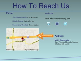 Mick’s Exterminating was awarded Small Business of the Year by the O’Fallon Chamber of CommerceMission StatementTo provide our clients with solutions to their pest problems, that are consistent with their individual needsTo maintain high company standards of moral responsibility, character and business integrity.To practice fairness, honesty and to keep the needs of our clients uppermost.
