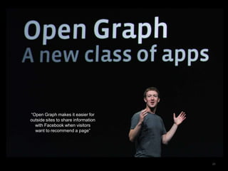 23
“Open Graph makes it easier for
outside sites to share information
with Facebook when visitors
want to recommend a page”
 