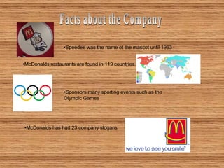 Facts about the Company Speedee was the name ot the mascot until 1963 McDonalds restaurants are found in 119 countries. Sponsors many sporting events such as the Olympic Games McDonalds has had 23 company slogans 