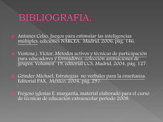  Antunes Celso, Juegos para estimular las inteligencias
múltiples, ediciones NARCEA, Madrid, 2006, pág. 146.
 Ventosa j. Víctor, Métodos activos y técnicas de participación
para educadores y formadores, colección animaciones de
grupos. Volumen 19, editorial CCS, Madrid, 2004, pág. 127.
 Grinder Michael, Estrategias no verbales para la enseñanza.
Editorial PAX, México, 2004, pág. 297.
 Fregoso iglesias E. margarita, material elaborado para el curso
de técnicas de educación extraescolar periodo 2008.
 