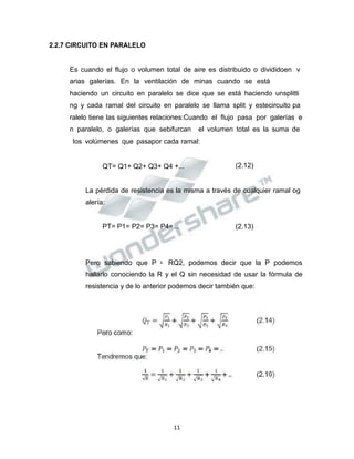 Propiedad Intelectual de la Universidad Nacional de San Agustín de Arequipa
2.2.7 CIRCUITO EN PARALELO
Es cuando el flujo o volumen total de aire es distribuido o divididoen v
arias galerías. En la ventilación de minas cuando se está
haciendo un circuito en paralelo se dice que se está haciendo unsplitti
ng y cada ramal del circuito en paralelo se llama split y estecircuito pa
ralelo tiene las siguientes relaciones:Cuando el flujo pasa por galerías e
n paralelo, o galerías que sebifurcan el volumen total es la suma de
los volúmenes que pasapor cada ramal:
QT= Q1+ Q2+ Q3+ Q4 +... (2.12)
La pérdida de resistencia es la misma a través de cualquier ramal og
alería:
PT= P1= P2= P3= P4=... (2.13)
Pero sabiendo que P = RQ2, podemos decir que la P podemos
hallarlo conociendo la R y el Q sin necesidad de usar la fórmula de
resistencia y de lo anterior podemos decir también que:
11
 