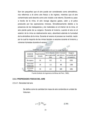 Propiedad Intelectual de la Universidad Nacional de San Agustín de Arequipa
Son tan pequeñas que el aire puede ser considerado como atmosférico,
nos referimos a él cómo aire fresco o de ingreso, mientras que el aire
contaminado será descrito como aire viciado o de retorno. Durante su paso
a través de la mina, el aire recoge algunos gases, calor y el polvo
producido por las operaciones mineras. Simultáneamente debido a la
presencia de los trabajadores y de materiales en el interior de la mina, el
aire pierde parte de su oxígeno. Durante el invierno, cuando el aire en el
exterior de la mina es relativamente seco, absorberá además la humedad
de la atmósfera de la mina. Durante el verano el proceso se invertirá, razón
por la cual la mayoría de las minas tienden a secarse durante el invierno y
volverse húmedas durante el verano.
Tabla 2.2: Oxígeno consumido por los seres humanos
Fuente:(Instituto de ingenieros de Minas del Perú, 1989),
2.3.4. PROPIEDADES FISICAS DEL AIRE
2.3.4.1. Densidad del aire
Se define como la cantidad de masa de aire contenida en unidad de
Volumen.
23
 