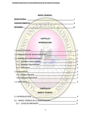 Propiedad Intelectual de la Universidad Nacional de San Agustín de Arequipa
INDICE GENERAL
DEDICATORIA.- __________________________________________________i
AGRADECIMIENTO.- _____________________________________________ ii
RESUMEN.-_____________________________________________________iii
CAPÍTULO I
INTRODUCCION
1.1JUSTIFICACIÓN.-______________________________________________ 2
1.2 PREGUNTAS DE INVESTIGACIÓN.-______________________________ 3
1.3 VARIABLES E INDICADORES.- __________________________________ 3
1.3.1 Variables Independientes ____________________________________ 3
1.3.2 Variables Dependientes _____________________________________ 3
1.3.3 Indicadores _______________________________________________ 3
1.4 OBJETIVOS.-_________________________________________________ 4
1.4.1 Objetivo General.- __________________________________________ 4
1.4.2 Objetivos Específicos _______________________________________ 4
1.5. HIPÓTESIS.-_________________________________________________ 4
CAPÍTULO II
MARCO TEORICO
2.1 INTRODUCCIÓN ______________________________________________ 5
2.2. MARCO TEÓRICO DE LA INVESTIGACIÓN __________________________ 6
2.2.1. LEYES DE KIRCHHOFT______________________________________ 6
iv
 