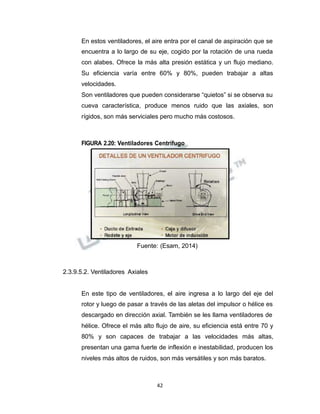Propiedad Intelectual de la Universidad Nacional de San Agustín de Arequipa
En estos ventiladores, el aire entra por el canal de aspiración que se
encuentra a lo largo de su eje, cogido por la rotación de una rueda
con alabes. Ofrece la más alta presión estática y un flujo mediano.
Su eficiencia varía entre 60% y 80%, pueden trabajar a altas
velocidades.
Son ventiladores que pueden considerarse “quietos” si se observa su
cueva característica, produce menos ruido que las axiales, son
rígidos, son más serviciales pero mucho más costosos.
FIGURA 2.20: Ventiladores Centrífugo
Fuente: (Esam, 2014)
2.3.9.5.2. Ventiladores Axiales
En este tipo de ventiladores, el aire ingresa a lo largo del eje del
rotor y luego de pasar a través de las aletas del impulsor o hélice es
descargado en dirección axial. También se les llama ventiladores de
hélice. Ofrece el más alto flujo de aire, su eficiencia está entre 70 y
80% y son capaces de trabajar a las velocidades más altas,
presentan una gama fuerte de inflexión e inestabilidad, producen los
niveles más altos de ruidos, son más versátiles y son más baratos.
42
 