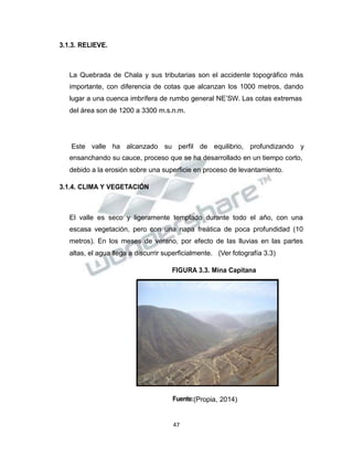 Propiedad Intelectual de la Universidad Nacional de San Agustín de Arequipa
3.1.3. RELIEVE.
La Quebrada de Chala y sus tributarias son el accidente topográfico más
importante, con diferencia de cotas que alcanzan los 1000 metros, dando
lugar a una cuenca imbrífera de rumbo general NE’SW. Las cotas extremas
del área son de 1200 a 3300 m.s.n.m.
Este valle ha alcanzado su perfil de equilibrio, profundizando y
ensanchando su cauce, proceso que se ha desarrollado en un tiempo corto,
debido a la erosión sobre una superficie en proceso de levantamiento.
3.1.4. CLIMA Y VEGETACIÓN
El valle es seco y ligeramente templado durante todo el año, con una
escasa vegetación, pero con una napa freática de poca profundidad (10
metros). En los meses de verano, por efecto de las lluvias en las partes
altas, el agua llega a discurrir superficialmente. (Ver fotografía 3.3)
FIGURA 3.3. Mina Capitana
Fuente:(Propia, 2014)
47
 