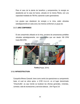 Propiedad Intelectual de la Universidad Nacional de San Agustín de Arequipa
Para el caso de la planta de beneficio y campamentos, la energía es
abastecida por la casa de fuerza, ubicada en la misma Planta, con una
capacidad instalada de 785 Kw, operando cuatro generadores:
Los grupos que abastecen de energía a la mina, están ubicadas
estratégicamente en cada zona, los mismos conforman un grupo de:
3.1.7. AIRE COMPRIMIDO
El aire comprimido utilizado en la mina, proviene de compresoras portátiles
ubicadas estratégicamente, con capacidades que van desde 185 CFM
hasta 850 CFM.
FIGURA 3.5. Compresoras Portalites
Fuente:(Propia, 2014)
3.1.8. INFRAESTRUCTURA
Compañía Minera Caravelí, tiene como centro de operaciones su campamento
base, el cual se ubica aprox. a 2100 m.s.n.m. en el lugar denominado
“Chacchuille”, es aquí donde se localizan las oficinas generales, viviendas,
comedor, sala de recreaciones y servicios básicos. (Ver Figura 3.6
49
 