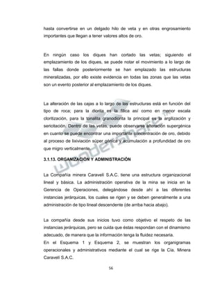 Propiedad Intelectual de la Universidad Nacional de San Agustín de Arequipa
hasta convertirse en un delgado hilo de veta y en otras engrosamiento
importantes que llegan a tener valores altos de oro.
En ningún caso los diques han cortado las vetas; siguiendo el
emplazamiento de los diques, se puede notar el movimiento a lo largo de
las fallas donde posteriormente se han emplazado las estructuras
mineralizadas, por ello existe evidencia en todas las zonas que las vetas
son un evento posterior al emplazamiento de los diques.
La alteración de las cajas a lo largo de las estructuras está en función del
tipo de roca; para la diorita es la fílica así como en menor escala
cloritización, para la tonalita granodiorita la principal es la argilización y
sericitación. Dentro de las vetas, puede observarse alteración supergénica
en cuanto se puede encontrar una importante concentración de oro, debido
al proceso de lixiviación súper génica y acumulación a profundidad de oro
que migro verticalmente.
3.1.13. ORGANIZACIÓN Y ADMINISTRACIÓN
La Compañía minera Caravelí S.A.C. tiene una estructura organizacional
lineal y básica. La administración operativa de la mina se inicia en la
Gerencia de Operaciones, delegándose desde ahí a las diferentes
instancias jerárquicas, los cuales se rigen y se deben generalmente a una
administración de tipo lineal descendente (de arriba hacia abajo).
La compañía desde sus inicios tuvo como objetivo el respeto de las
instancias jerárquicas, pero se cuida que éstas respondan con el dinamismo
adecuado, de manera que la información tenga la fluidez necesaria.
En el Esquema 1 y Esquema 2, se muestran los organigramas
operacionales y administrativos mediante el cual se rige la Cía. Minera
Caravelí S.A.C.
56
 