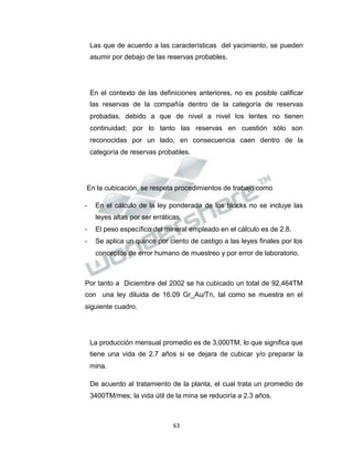 Propiedad Intelectual de la Universidad Nacional de San Agustín de Arequipa
Las que de acuerdo a las características del yacimiento, se pueden
asumir por debajo de las reservas probables.
En el contexto de las definiciones anteriores, no es posible calificar
las reservas de la compañía dentro de la categoría de reservas
probadas, debido a que de nivel a nivel los lentes no tienen
continuidad; por lo tanto las reservas en cuestión sólo son
reconocidas por un lado, en consecuencia caen dentro de la
categoría de reservas probables.
En la cubicación, se respeta procedimientos de trabajo como
- En el cálculo de la ley ponderada de los blocks no se incluye las
leyes altas por ser erráticas.
- El peso específico del mineral empleado en el cálculo es de 2.8.
- Se aplica un quince por ciento de castigo a las leyes finales por los
conceptos de error humano de muestreo y por error de laboratorio.
Por tanto a Diciembre del 2002 se ha cubicado un total de 92,464TM
con una ley diluida de 16.09 Gr_Au/Tn, tal como se muestra en el
siguiente cuadro.
La producción mensual promedio es de 3,000TM, lo que significa que
tiene una vida de 2.7 años si se dejara de cubicar y/o preparar la
mina.
De acuerdo al tratamiento de la planta, el cual trata un promedio de
3400TM/mes; la vida útil de la mina se reduciría a 2.3 años.
63
 