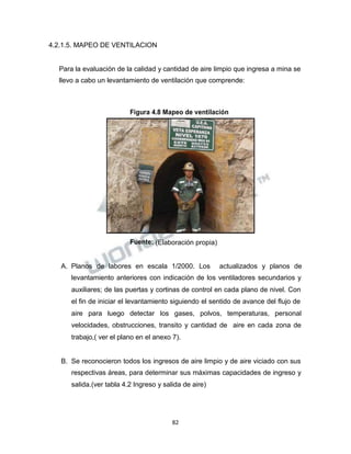 Propiedad Intelectual de la Universidad Nacional de San Agustín de Arequipa
4.2.1.5. MAPEO DE VENTILACION
Para la evaluación de la calidad y cantidad de aire limpio que ingresa a mina se
llevo a cabo un levantamiento de ventilación que comprende:
Figura 4.8 Mapeo de ventilación
Fuente: (Elaboración propia)
A. Planos de labores en escala 1/2000. Los actualizados y planos de
levantamiento anteriores con indicación de los ventiladores secundarios y
auxiliares; de las puertas y cortinas de control en cada plano de nivel. Con
el fin de iniciar el levantamiento siguiendo el sentido de avance del flujo de
aire para luego detectar los gases, polvos, temperaturas, personal
velocidades, obstrucciones, transito y cantidad de aire en cada zona de
trabajo,( ver el plano en el anexo 7).
B. Se reconocieron todos los ingresos de aire limpio y de aire viciado con sus
respectivas áreas, para determinar sus máximas capacidades de ingreso y
salida.(ver tabla 4.2 Ingreso y salida de aire)
82
 