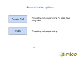 Automatization options
Puppet / Chef
Templating, not programming. No good cloud
integration.
Ansible Templating, not programming.
...
 