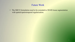 14
Future Work
• The MICO formulation need to be extended to 3D/4D tissue segmentation
with spatial/spatiotemporal regularization.
 
