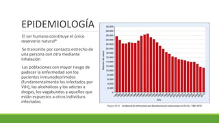 EPIDEMIOLOGÍA
El ser humano constituye el único
reservorio natural*
Se transmite por contacto estrecho de
una persona con otra mediante
inhalación
Las poblaciones con mayor riesgo de
padecer la enfermedad son los
pacientes inmunodeprimidos
(fundamentalmente los infectados por
VIH), los alcohólicos y los adictos a
drogas, los vagabundos y aquellos que
están expuestos a otros individuos
infectados
 