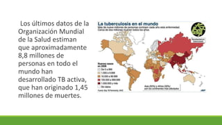 Los últimos datos de la
Organización Mundial
de la Salud estiman
que aproximadamente
8,8 millones de
personas en todo el
mundo han
desarrollado TB activa,
que han originado 1,45
millones de muertes.
 