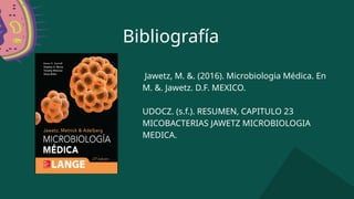 Bibliografía
Jawetz, M. &. (2016). Microbiologia Médica. En
M. &. Jawetz. D.F. MEXICO.
UDOCZ. (s.f.). RESUMEN, CAPITULO 23
MICOBACTERIAS JAWETZ MICROBIOLOGIA
MEDICA.
 