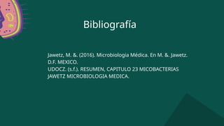 Bibliografía
Jawetz, M. &. (2016). Microbiologia Médica. En M. &. Jawetz.
D.F. MEXICO.
UDOCZ. (s.f.). RESUMEN, CAPITULO 23 MICOBACTERIAS
JAWETZ MICROBIOLOGIA MEDICA.
 