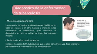 Diagnóstico de la enfermedad
de tuberculosis
• Microbiología diagnóstica
La presencia de bacilos acidorresistentes (BAAR) en un
frotis de esputo o en otra muestra a menudo indica
enfermedad de tuberculosis, para confirmar el
diagnóstico se hace un cultivo de todas las muestras
iniciales.
• Resistencia a los medicamentos
En todos los casos, la M. tuberculosis que se aísla por primera vez debe analizarse
para determinar su resistencia a los medicamentos.
 