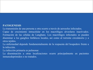 PATOGENESIS
La transmisión de una persona a otra ocurre a través de aerosoles infectados.
Capaz de crecimiento intracelular en los macrófagos alveolares inactivados.
Formación de las células de Langhans. Los macrófagos infectados se pueden
diseminar a los ganglios linfáticos locales, así como al torrente circulatorio y a
otros tejidos.
La enfermedad depende fundamentalmente de la respuesta del hospedero frente a
la infección.
La infección primaria es pulmonar.
La diseminación a otras localizaciones ocurre principalmente en pacientes
inmunodeprimidos o no tratados.
 