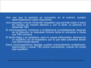 Una vez que la bacteria se encuentra en el pulmón, pueden
desencadenarse cuatro escenarios:
Una respuesta inmune inicial del hospedero que permite matar a todos
los bacilos de manera efectiva y, por lo tanto, la persona no
desarrolla TBC.
El microorganismo comienza a multiplicarse inmediatamente después
de la infección, la respuesta inmune tarda en activarse y causa
una TBC primaria.
El bacilo llega y se establece, pero no causa enfermedad, alcanzando
un equilibrio con el hospedero; por lo que tales pacientes tienen
una enfermedad latente.
Estos microorganismos latentes pueden eventualmente multiplicarse,
diseminarse y causar TBC activa nuevamente, cuando se rompe
este equilibrio.
El riesgo de desarrollar la enfermedad después de la infección es de hasta un 10-15%, siendo máximo los primeros años tras la infección
 
