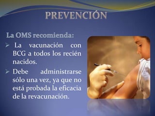 La    vacunación con
  BCG a todos los recién
  nacidos.
 Debe      administrarse
  sólo una vez, ya que no
  está probada la eficacia
  de la revacunación.
 