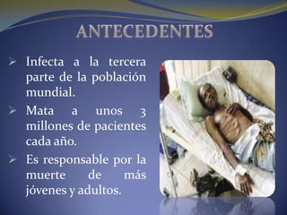  Infecta a la tercera
  parte de la población
  mundial.
 Mata a unos 3
  millones de pacientes
  cada año.
 Es responsable por la
  muerte      de     más
  jóvenes y adultos.
 