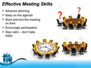 Free Powerpoint Templates
Effective Meeting SkillsEffective Meeting Skills
 Advance planning
 Keep on the agenda
 Start and end the meeting
on time
 Encourage participation
 Stay calm – don’t take
sides
 