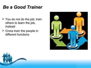 Free Powerpoint Templates
Be a Good TrainerBe a Good Trainer
 You do not do the job; train
others to learn the job,
instead
 Cross train the people in
different functions
 