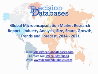 Global Microencapsulation Market Research
Report - Industry Analysis, Size, Share, Growth,
Trends and Forecast, 2014 - 2021
Email: sales@decisiondatabases.com
Contact No: +91-91589-80434
Web: www.decisiondatabases.com
 