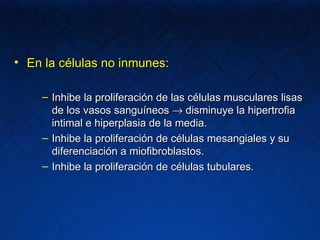 En la células no inmunes: Inhibe la proliferación de las células musculares lisas de los vasos sanguíneos    disminuye la hipertrofia intimal e hiperplasia de la media. Inhibe la proliferación de células mesangiales y su diferenciación a miofibroblastos. Inhibe la proliferación de células tubulares. 