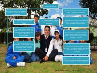 Idearios quitumbinos
1. El sello característico de los procesos
educativos se basan en una pedagogía
humanista, basada en el afecto y
horizontalidad.
2. Somos una institución líder en
procesos pedagógicos innovadores de
calidad.
3. La formación que se brinda en la
UEMQ va encaminada a formar seres
humanos líderes e integrales que
respetan la diversidad e
interculturalidad.
4. La formación académica e
investigativa que se brinda en la UEMQ
se complementa con el trabajo
comunitario, talleres artísticos-
culturales y deportivos.
6. Formamos seres humanos con conciencia,
respeto y defensa de la naturaleza.
7. Promovemos una cultura de paz a través del
cumplimiento de nuestros derechos y la vivencia
diaria de deberes como ciudadanos.
8. Educamos con el ejemplo vivenciando
valores humanos, bajo los principios de
respeto y tolerancia a la expresión, opinión,
ideologías y creencias.
10.Toda la comunidad quitumbina mantenemos
una actitud positiva, comprometida y trabajo en
equipo fomentando una convivencia armónica.
9. Se practica la solución de conflictos en base
al diálogo y consenso, erradicando todo tipo de
agresión y violencia verbal, física y/o
psicológica.
5. La expresión artística es parte
fundamental de la identidad
quitumbina.
16/05/2014JOSEPH MAJI 10° EGB "C" 7
 