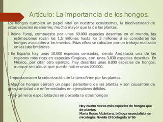 Artículo: La importancia de los hongos.
Los hongos cumplen un papel vital en nuestros ecosistemas, la biodiversidad de
estas especies es enorme, mucho mayor que la de las plantas.
🠶 Reino Fungi, compuesto por unas 69.000 especies descritas en el mundo, las
estimaciones rozan los 1,5 millones hasta los 3 millones si se consideran los
hongos asociados a los insectos. Estas cifras se calculan por un trabajo realizado
en las IslasBritánicas.
🠶 En España hay unas 10.000 especies censadas, siendo Andalucía una de las
regiones más ricas en especies fúngicas, con unas 3.830 especies descritas. En
México, por citar otro ejemplo, hay descritas unas 8.000 especies de hongos,
aunque se calcula que puede haberunas200.000.
- Importancia en la colonización de la tierra firme por las plantas.
- Algunos hongos ejercen un papel parasitario de las plantas y son causantes de
gran cantidad de enfermedades en ejemplares débiles.
- Hay géneros especializadosen parasitara otros hongos
Hay cuatro veces másespecies de hongos que
de plantas.
María Rosas Alcántara, bióloga especialista en
micología. R
evista El Ecologista nº66
 