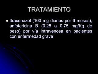 TRATAMIENTO 
 Itraconazol (100 mg diarios por 6 meses), 
anfotericina B (0.25 a 0.75 mg/Kg de 
peso) por vía intravenosa en pacientes 
con enfermedad grave 
 