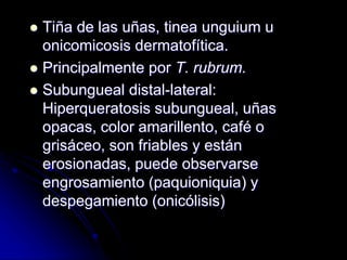  Tiña de las uñas, tinea unguium u 
onicomicosis dermatofítica. 
 Principalmente por T. rubrum. 
 Subungueal distal-lateral: 
Hiperqueratosis subungueal, uñas 
opacas, color amarillento, café o 
grisáceo, son friables y están 
erosionadas, puede observarse 
engrosamiento (paquioniquia) y 
despegamiento (onicólisis) 
 
