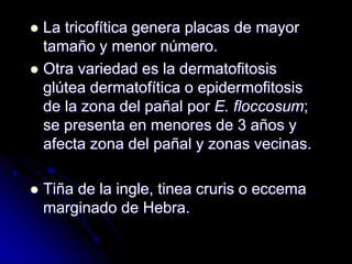  La tricofítica genera placas de mayor 
tamaño y menor número. 
 Otra variedad es la dermatofitosis 
glútea dermatofítica o epidermofitosis 
de la zona del pañal por E. floccosum; 
se presenta en menores de 3 años y 
afecta zona del pañal y zonas vecinas. 
 Tiña de la ingle, tinea cruris o eccema 
marginado de Hebra. 
 