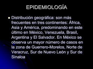 EPIDEMIOLOGÍA 
 Distribución geográfica: son más 
frecuentes en tres continentes: África, 
Asia y América, predominando en este 
último en México, Venezuela, Brasil, 
Argentina y El Salvador. En México se 
observa un mayor número de casos en 
la zona de Guerrero-Morelos, Norte de 
Veracruz, Sur de Nuevo León y Sur de 
Sinaloa 
 