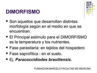 DIMORFISMO
 Son  aquellos que desarrollan distintas
  morfología según en el medio en que se
  encuentran.
 El Principal estímulo para el DIMORFISMO
  es la temperatura y los nutrientes.
 Fase parasitaria: en tejidos del hospedero

 Fase saprofítica : en el suelo.

 Ej. Paracoccidiodes brasiliensis.


               FUNDACION BARCELO FACULTAD DE MEDICINA
 