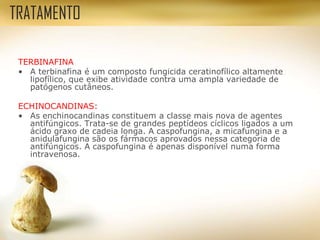 TERBINAFINA
• A terbinafina é um composto fungicida ceratinofílico altamente
lipofílico, que exibe atividade contra uma ampla variedade de
patógenos cutâneos.
ECHINOCANDINAS:
• As enchinocandinas constituem a classe mais nova de agentes
antifúngicos. Trata-se de grandes peptídeos cíclicos ligados a um
ácido graxo de cadeia longa. A caspofungina, a micafungina e a
anidulafungina são os fármacos aprovados nessa categoria de
antifúngicos. A caspofungina é apenas disponível numa forma
intravenosa.
TRATAMENTO
 
