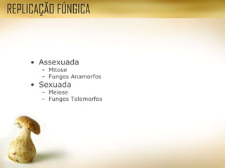 • Assexuada
– Mitose
– Fungos Anamorfos
• Sexuada
– Meiose
– Fungos Telemorfos
REPLICAÇÃO FÚNGICA
 