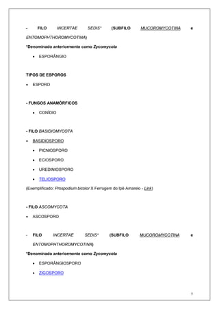 5
- FILO INCERTAE SEDIS* (SUBFILO MUCOROMYCOTINA e
ENTOMOPHTHOROMYCOTINA)
*Denominado anteriormente como Zycomycota
• ESPORÂNGIO
TIPOS DE ESPOROS
• ESPORO
- FUNGOS ANAMÓRFICOS
• CONÍDIO
- FILO BASIDIOMYCOTA
• BASIDIOSPORO
• PICNIOSPORO
• ECIOSPORO
• UREDINIOSPORO
• TELIOSPORO
(Exemplificado: Prospodium bicolor X Ferrugem do Ipê Amarelo - Link)
- FILO ASCOMYCOTA
• ASCOSPORO
- FILO INCERTAE SEDIS* (SUBFILO MUCOROMYCOTINA e
ENTOMOPHTHOROMYCOTINA)
*Denominado anteriormente como Zycomycota
• ESPORÂNGIOSPORO
• ZIGOSPORO
 